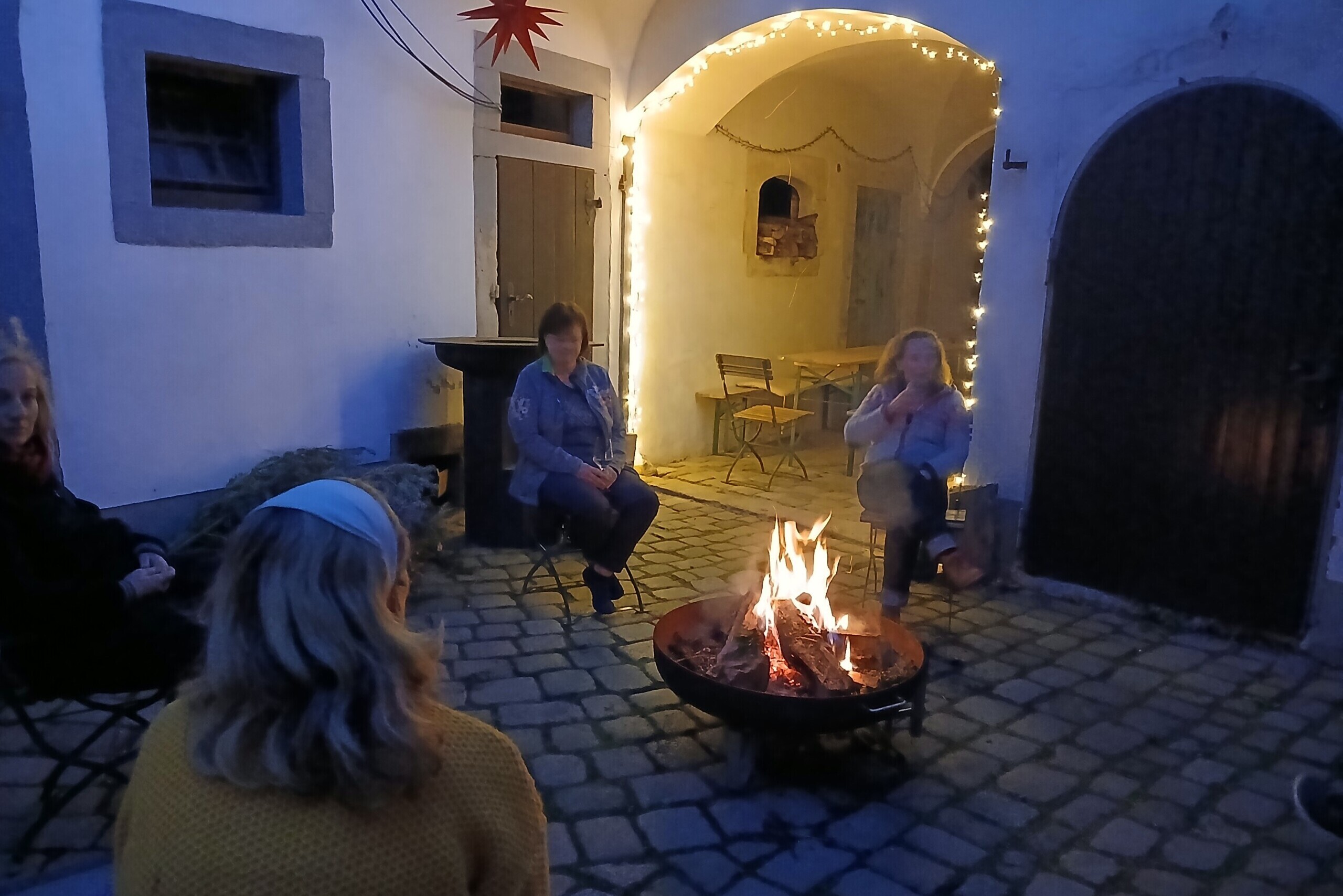 Goldner Löwe Feuerschale Innenhof